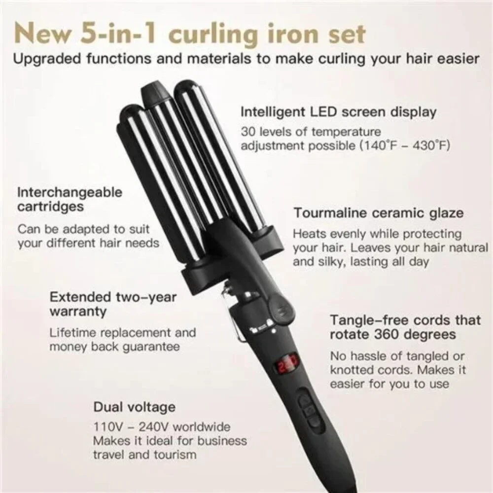 Curling Iron Set 5 in 1 Curling Wand Beach Hair Waver Curling Iron & 3